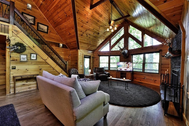 162 Grayson Pt, Blue Ridge, GA 30513 - living room featuring stairway, wooden walls, wood ceiling, wood finished floors, and a stone fireplace