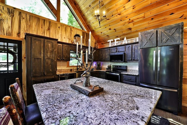 162 Grayson Pt, Blue Ridge, GA 30513 - kitchen with black appliances, wooden walls, wooden ceiling, high vaulted ceiling, and light stone countertops