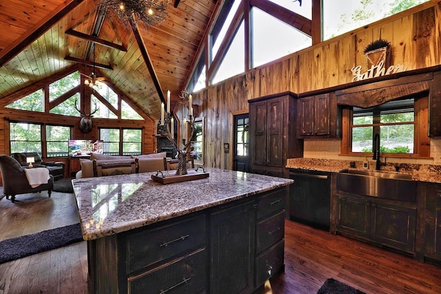 162 Grayson Pt, Blue Ridge, GA 30513 - kitchen featuring dishwasher, a sink, wood ceiling with exposed beams, dark wood-type flooring, and stone countertops