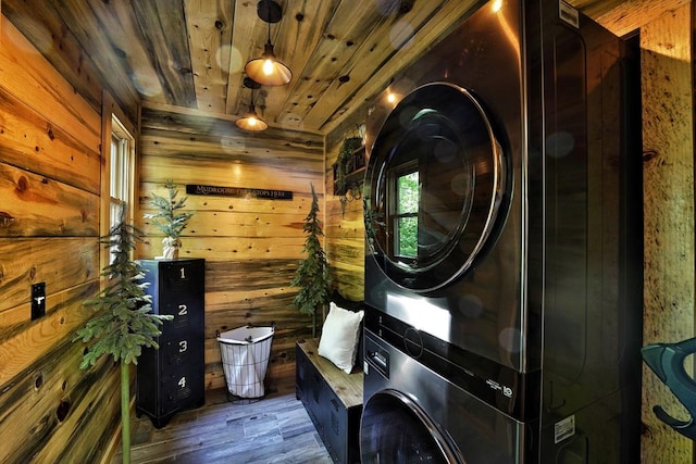 162 Grayson Pt, Blue Ridge, GA 30513 - laundry room with stacked washer / drying machine, wood walls, wood finished floors, and wooden ceiling