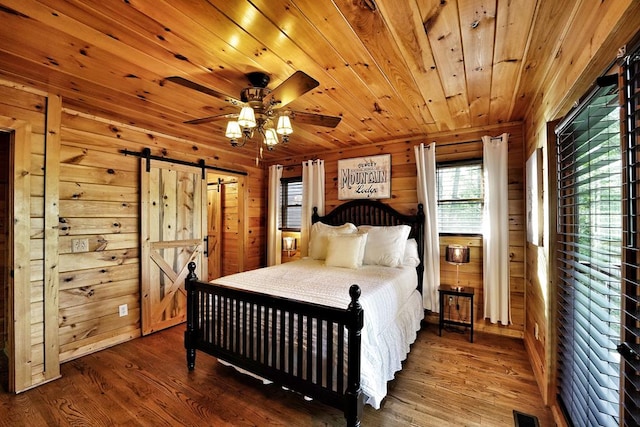 162 Grayson Pt, Blue Ridge, GA 30513 - bedroom featuring a barn door, wood finished floors, wooden walls, wooden ceiling, and a ceiling fan