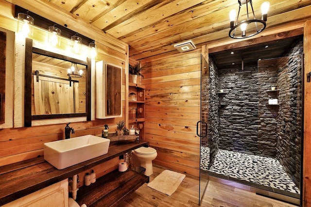 162 Grayson Pt, Blue Ridge, GA 30513 - full bath with toilet, wood finished floors, a shower stall, a chandelier, and wooden ceiling