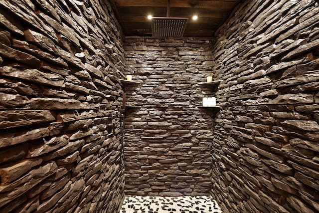 162 Grayson Pt, Blue Ridge, GA 30513 - bathroom featuring wood ceiling and tiled shower