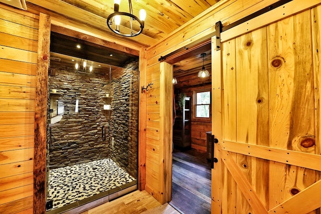162 Grayson Pt, Blue Ridge, GA 30513 - bathroom with wood finished floors, a stall shower, and wood ceiling