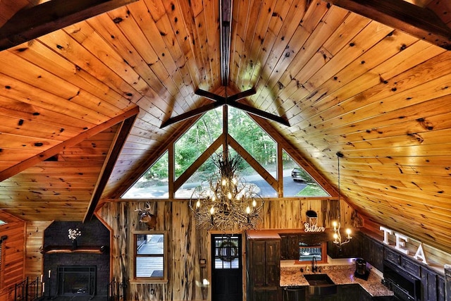 162 Grayson Pt, Blue Ridge, GA 30513 - unfurnished living room featuring wood ceiling, wood walls, plenty of natural light, a chandelier, and a fireplace