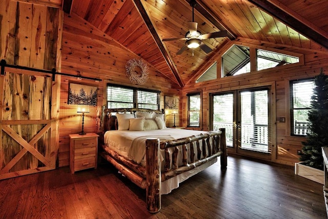 162 Grayson Pt, Blue Ridge, GA 30513 - bedroom with wooden walls, wooden ceiling with exposed beams, access to outside, a barn door, and dark wood-style floors