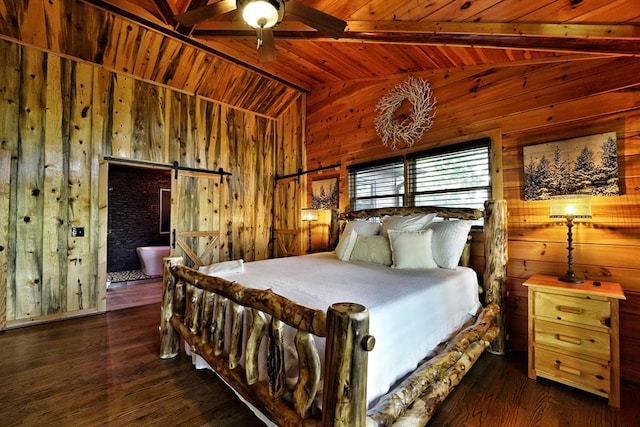 162 Grayson Pt, Blue Ridge, GA 30513 - bedroom featuring wooden walls, a barn door, wooden ceiling, and hardwood / wood-style floors