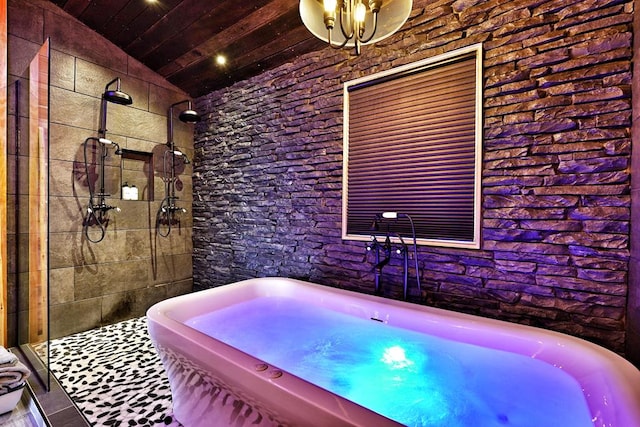 162 Grayson Pt, Blue Ridge, GA 30513 - bathroom with wood ceiling, tiled shower, a freestanding bath, and vaulted ceiling