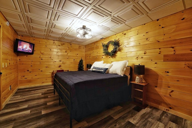 162 Grayson Pt, Blue Ridge, GA 30513 - bedroom with an ornate ceiling, dark wood-type flooring, and wooden walls