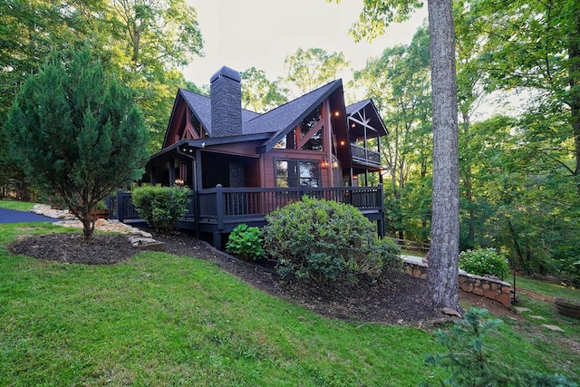 162 Grayson Pt, Blue Ridge, GA 30513 - view of property exterior with a chimney, a lawn, and a deck