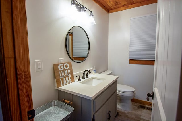 bathroom with toilet, vanity, and wood ceiling