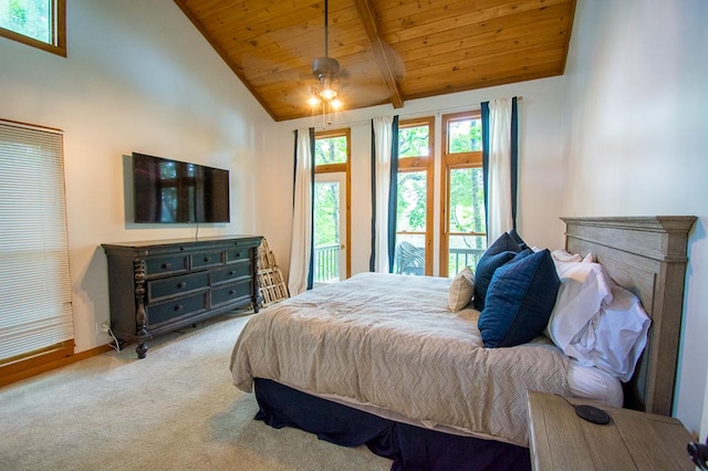 carpeted bedroom with access to exterior, lofted ceiling with beams, and wood ceiling