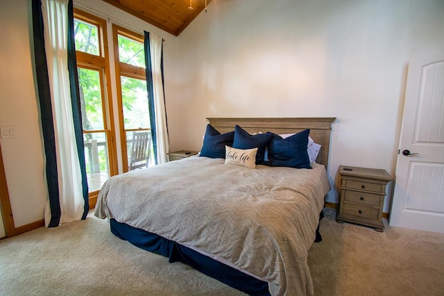 bedroom with access to exterior, carpet, lofted ceiling, and wood ceiling