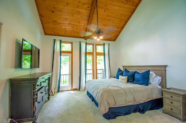 carpeted bedroom with beamed ceiling, ceiling fan, high vaulted ceiling, wood ceiling, and access to outside