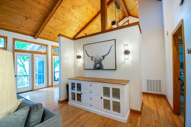 living room with high vaulted ceiling, light hardwood / wood-style flooring, wood ceiling, and beam ceiling