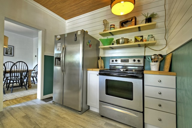 102 Riverview St, Copperhill, TN 37317 - kitchen with wood walls, light wood-style flooring, white cabinetry, and stainless steel appliances