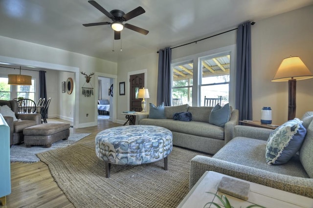 102 Riverview St, Copperhill, TN 37317 - living room with baseboards, ceiling fan, wood finished floors, and a wealth of natural light