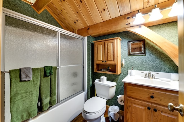 full bathroom with wooden ceiling, vaulted ceiling, combined bath / shower with glass door, toilet, and vanity