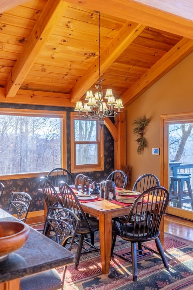 dining area with a chandelier, vaulted ceiling with beams, hardwood / wood-style flooring, and wood ceiling