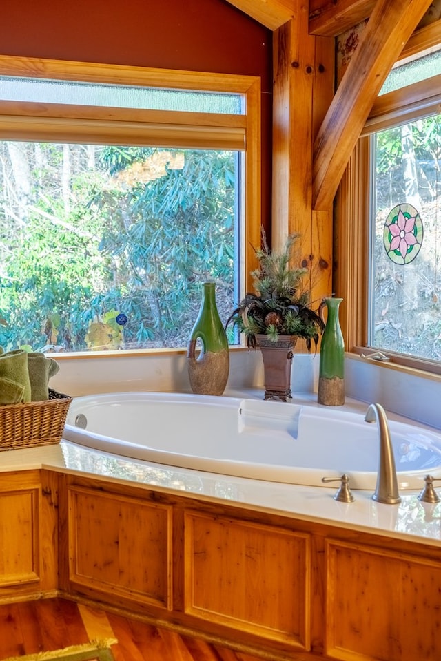 bathroom with a bath and wood-type flooring