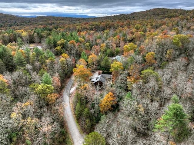 drone / aerial view with a mountain view and a wooded view