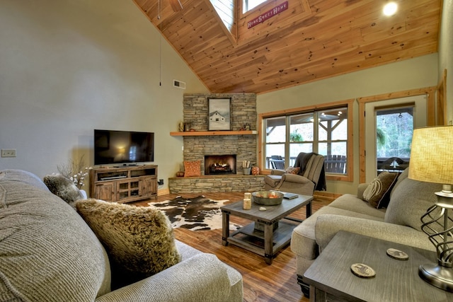 living area featuring visible vents, wooden ceiling, wood finished floors, a fireplace, and high vaulted ceiling