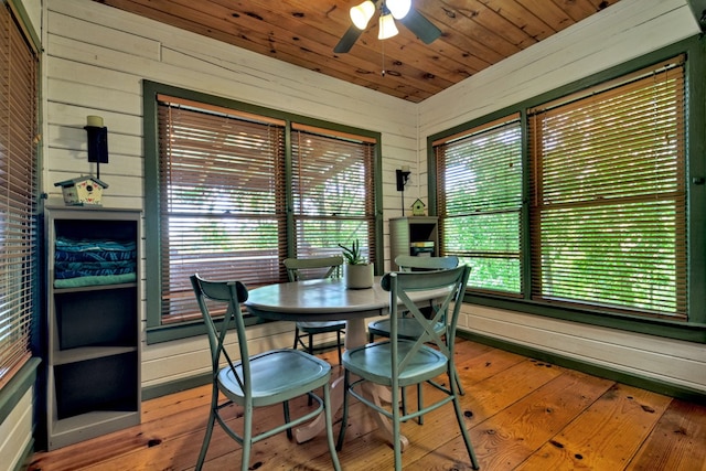 100 Smith Hill Rd, Cherry Log, GA 30522 - dining space with a ceiling fan, hardwood / wood-style flooring, and wood walls