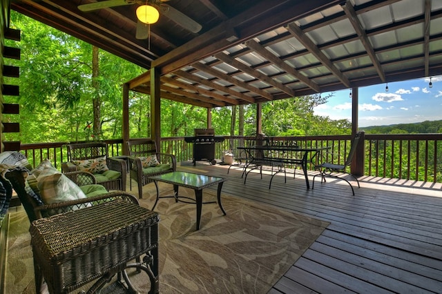 100 Smith Hill Rd, Cherry Log, GA 30522 - wooden deck with outdoor lounge area, a ceiling fan, grilling area, and outdoor dining area