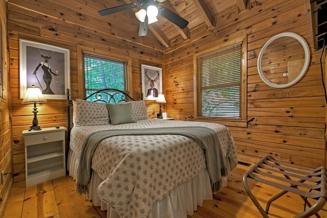 100 Smith Hill Rd, Cherry Log, GA 30522 - bedroom with wooden walls, light wood-style flooring, wood ceiling, and ceiling fan