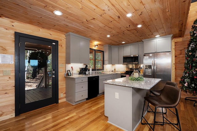 327 Dancing Trees Trl, Morganton, GA 30560 - kitchen with appliances with stainless steel finishes, wooden ceiling, light wood-type flooring, recessed lighting, and wood walls