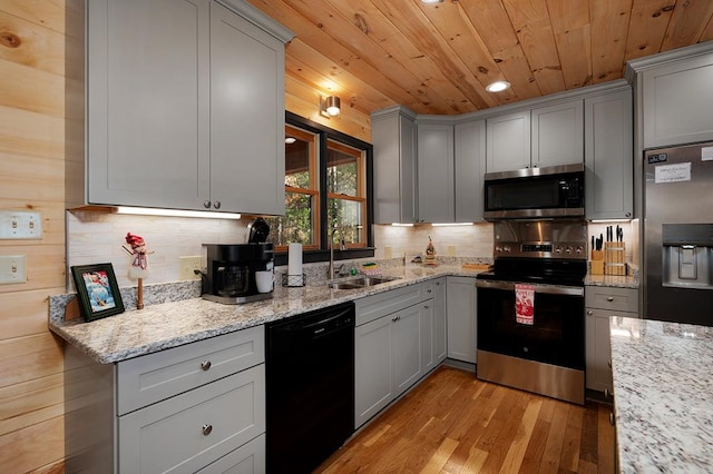 327 Dancing Trees Trl, Morganton, GA 30560 - kitchen with appliances with stainless steel finishes, a sink, wood ceiling, gray cabinets, and light wood-style flooring