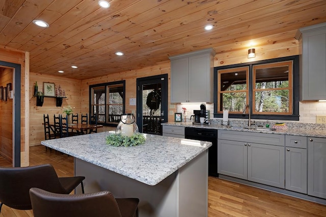 327 Dancing Trees Trl, Morganton, GA 30560 - kitchen with a sink, gray cabinets, wooden ceiling, dishwasher, and a kitchen breakfast bar