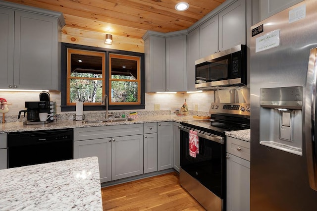 327 Dancing Trees Trl, Morganton, GA 30560 - kitchen with stainless steel appliances, gray cabinets, a sink, wood ceiling, and light wood finished floors