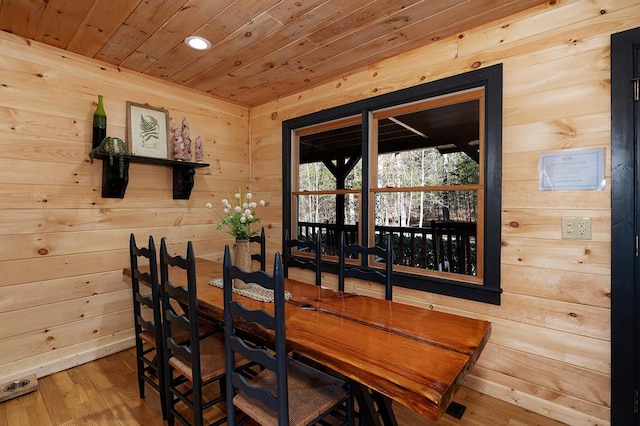 327 Dancing Trees Trl, Morganton, GA 30560 - dining space featuring wooden ceiling, wood walls, hardwood / wood-style flooring, and recessed lighting