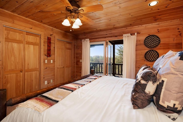 327 Dancing Trees Trl, Morganton, GA 30560 - bedroom featuring access to outside, wood ceiling, wood walls, and ceiling fan