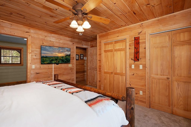 327 Dancing Trees Trl, Morganton, GA 30560 - carpeted bedroom with wood walls, wooden ceiling, two closets, and ceiling fan