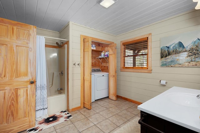 327 Dancing Trees Trl, Morganton, GA 30560 - bathroom with washer / dryer, tile patterned floors, wooden walls, shower / bath combo, and vanity