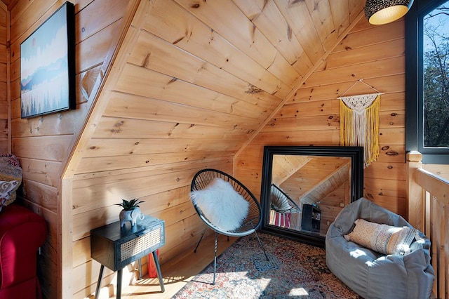 327 Dancing Trees Trl, Morganton, GA 30560 - sitting room with lofted ceiling, wooden walls, wood ceiling, and wood finished floors