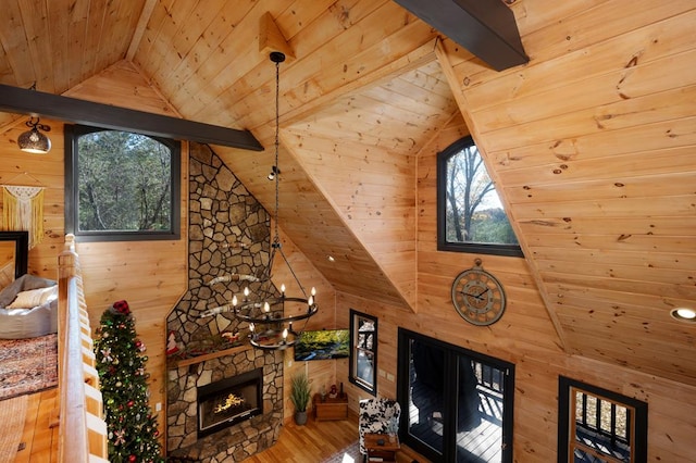 327 Dancing Trees Trl, Morganton, GA 30560 - living area with wood ceiling with exposed beams, wood walls, wood finished floors, a fireplace, and high vaulted ceiling
