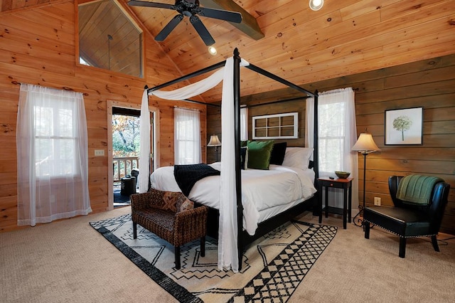 327 Dancing Trees Trl, Morganton, GA 30560 - carpeted bedroom featuring wooden walls, vaulted ceiling, wood ceiling, and access to outside