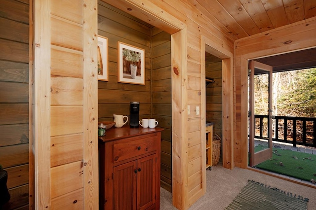 327 Dancing Trees Trl, Morganton, GA 30560 - hall featuring wood walls, carpet, and wooden ceiling