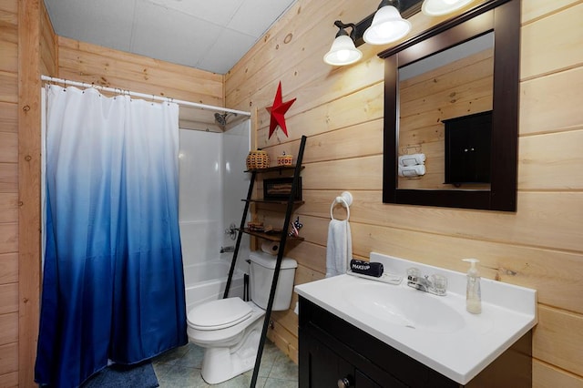 327 Dancing Trees Trl, Morganton, GA 30560 - full bath featuring wood walls, vanity, toilet, shower / tub combo, and tile patterned floors