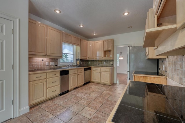 kitchen featuring backsplash, open shelves, appliances with stainless steel finishes, and light brown cabinets