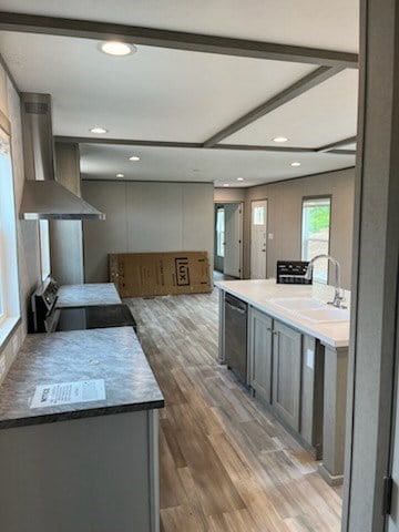 755 Orchard, Ellijay, GA 30540 - kitchen with wall chimney range hood, healthy amount of natural light, light wood-type flooring, dishwasher, and recessed lighting
