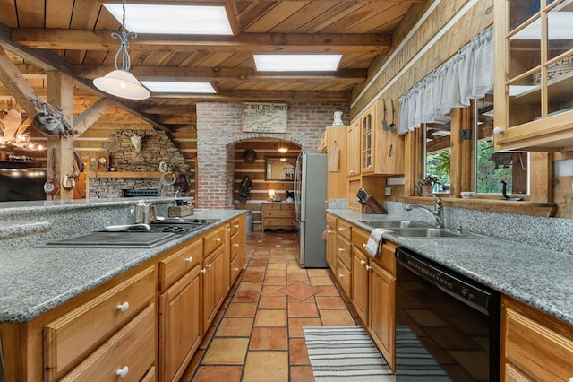 102 Cross Creek Ln, Warne, NC 28909 - kitchen featuring black dishwasher, a wooden ceiling with exposed beams, freestanding refrigerator, cooktop, and glass insert cabinets