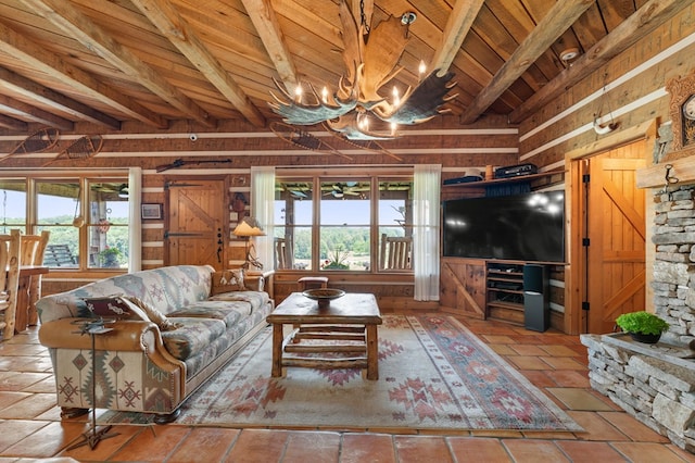102 Cross Creek Ln, Warne, NC 28909 - living room with a wood ceiling with exposed beams, plenty of natural light, wood walls, and a chandelier