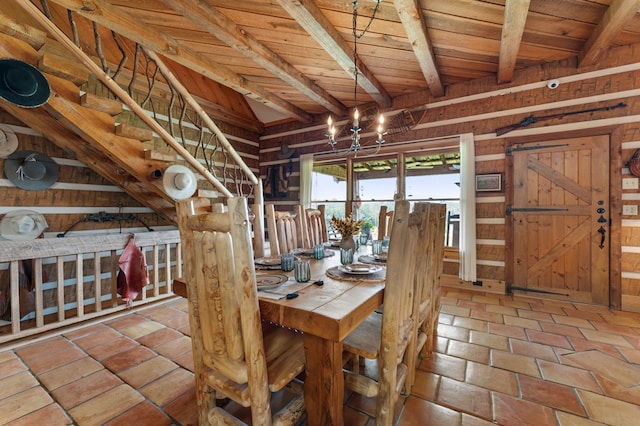 102 Cross Creek Ln, Warne, NC 28909 - dining space with wooden walls, a chandelier, and a wood ceiling with exposed beams