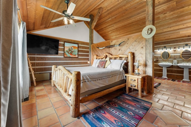 102 Cross Creek Ln, Warne, NC 28909 - bedroom featuring wooden walls, wood ceiling, and vaulted ceiling