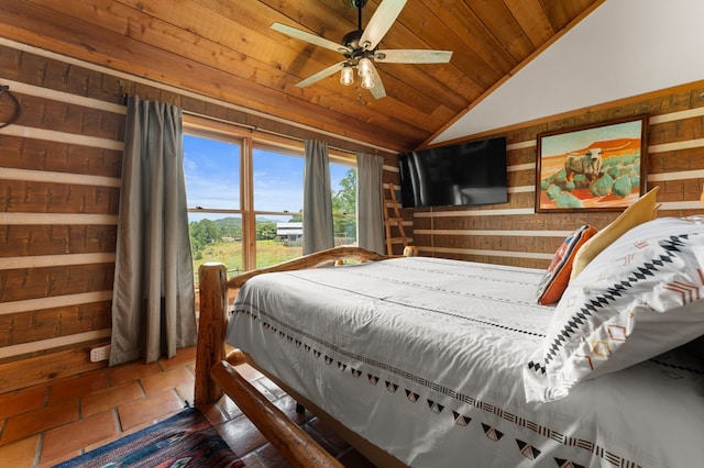 102 Cross Creek Ln, Warne, NC 28909 - bedroom featuring wooden walls, wooden ceiling, and lofted ceiling