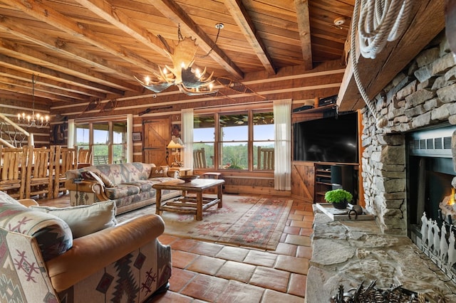 102 Cross Creek Ln, Warne, NC 28909 - living area with a chandelier, a wooden ceiling with exposed beams, and a fireplace